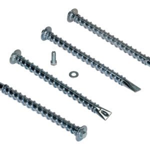 Four metal screws from the Vestil Heavy Duty Asphalt Anchor 4 Pack are lined up diagonally on a white surface. These screws feature a ridged texture and have either pointed or flat ends. A small bolt and washer sit between the second and third screws, highlighting their functionality.
