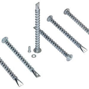 Six metal screws from the Vestil Heavy Duty Asphalt Anchor 6 Pack are horizontally aligned, with two stacked. They have ribbed bodies and flat, wide heads. A small screw and washer are positioned near the center on a white background.