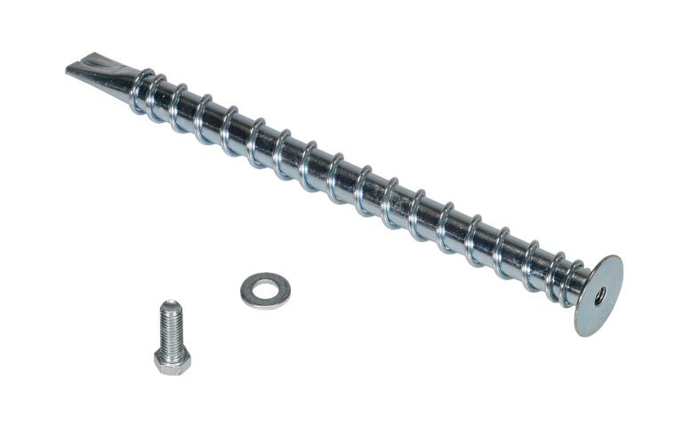 AS-HDA-12_A.jpg A close-up of a Vestil Heavy Duty Asphalt Anchor, showcasing its broad-headed metal screw with a washer and small bolt, set against a white background. The spiraled shaft ends in a sharp tip for secure fastening.