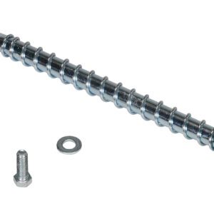 A close-up of a Vestil Heavy Duty Asphalt Anchor, showcasing its broad-headed metal screw with a washer and small bolt, set against a white background. The spiraled shaft ends in a sharp tip for secure fastening.