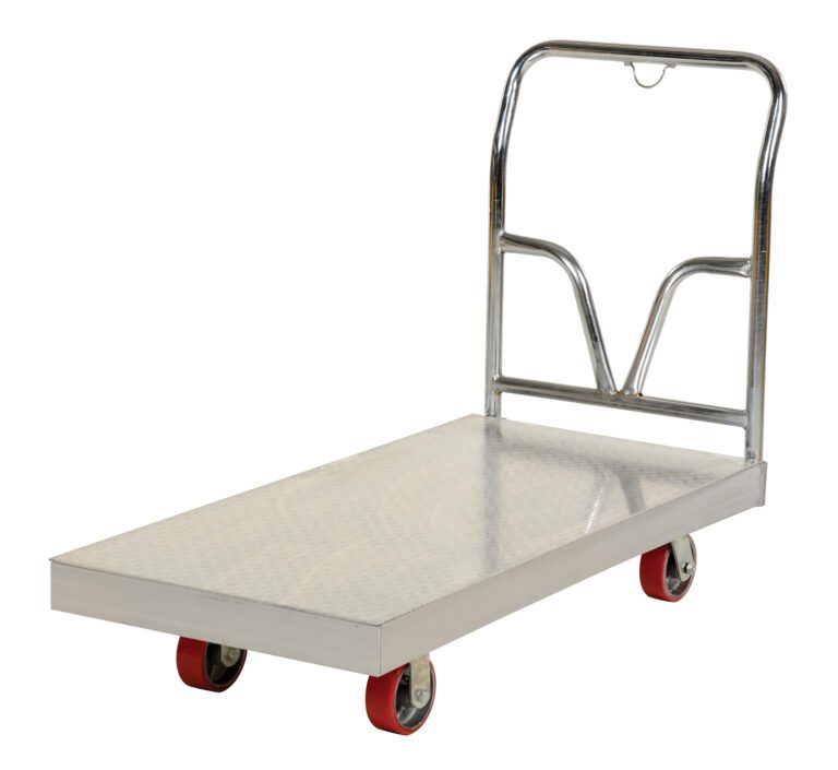 The Vestil Alum Sheet Deck Platform Truck 24W X 48L has a durable metal base, four red wheels, and a curved handle for easy maneuverability, ideal for transporting heavy or bulky items.