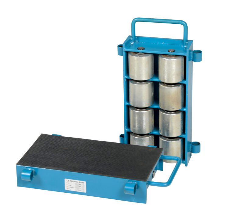 A set of Vestil Machinery Skates with a 24-ton capacity features blue metal construction, adjustable handles for easy maneuverability, one skate upright with cylindrical rollers, and the other flat with a sleek black surface.