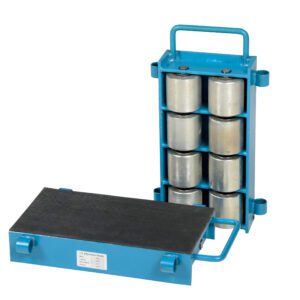 A set of Vestil Machinery Skates with a 24-ton capacity features blue metal construction, adjustable handles for easy maneuverability, one skate upright with cylindrical rollers, and the other flat with a sleek black surface.