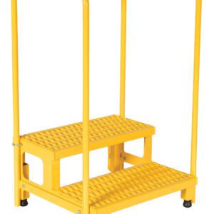 Presenting the Vestil Adj Step Stand 2 Step W/Handrail 25.93 x 22.87, in bright yellow with textured steps for grip, and two vertical side rails for stability, designed for safe access in industrial or warehouse environments.