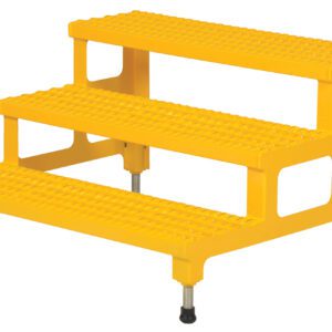 The Vestil Adjust Step Mate Stand features a yellow, three-step plastic stool with textured surfaces and four adjustable metal legs for stability and slip resistance, measuring 36.18 x 33.87 inches—ideal for secure footing tasks.