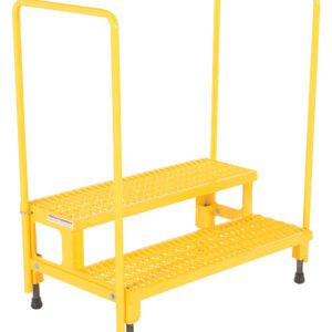 The Vestil Adj Step Stand 2 Step W/Handrail 38 x 22.87 features a yellow safety platform, non-slip textured steps, and handrails for secure footing, with adjustable feet ensuring stability on diverse surfaces.