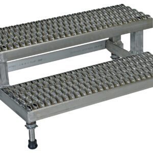 The Vestil Adj Ss Step Mate Stand 2 Step 35.75 x 22.87 In is a metal platform with a textured surface for grip, adjustable feet for stability, and an industrial design suitable for heavy-duty use.