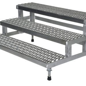 The Vestil Adj Ss Step Mate Stand 3-Step 47.75 x 33.87 In features textured, non-slip steps and a grid pattern for enhanced grip and safety, supported by four adjustable legs for stability.