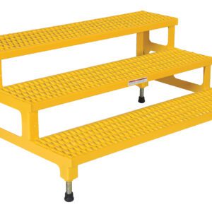 The Vestil Adjust Step Mate Stand 3 Step is a yellow, metal platform with textured treads and four adjustable feet for stability. Measuring 48.5 x 33.87 inches, its ideal for machinery access or industrial use.