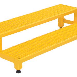The Vestil Adjust Step Mate Stand 2 Step 48.5 X 22.87 In features a yellow metal platform with a textured, slip-resistant surface and four black rubber feet for stability, making it perfect for industrial or workplace use.