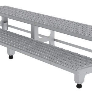 The Vestil Adj Ss Step Mate Stand 2 Step, measuring 71.75 x 22.75 inches, features a gray two-tier aluminum bleacher with non-slip surfaces and black-capped feet, ideal for both indoor and outdoor use.