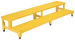 The Vestil Adjust Step Mate Stand 2 Step, sized 72.06 x 22.87 inches, is a durable metal industrial staircase in yellow with perforated textured surfaces for grip. It features multiple legs and rubberized feet for stability, making its rectangular steps ideal for heavy-duty use.