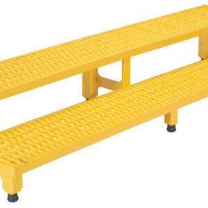 The Vestil Adjust Step Mate Stand 2 Step, sized 72.06 x 22.87 inches, is a durable metal industrial staircase in yellow with perforated textured surfaces for grip. It features multiple legs and rubberized feet for stability, making its rectangular steps ideal for heavy-duty use.