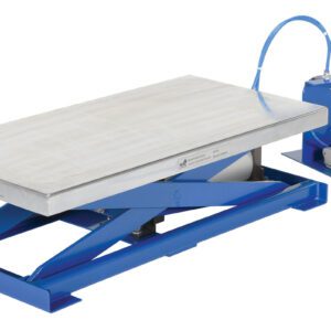 The blue Vestil Pneumatic Scissor Lift Table 400 Lb boasts a durable steel platform and comes with a control box featuring two foot pedals linked by a blue cable for effortless height adjustment.