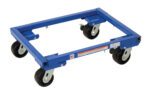 The Vestil Adjust Tote Dolly features a 16x22 inch blue metal frame with 4-inch casters. Its adjustable mechanism allows resizing, and four swivel wheels ensure smooth movement. Warning labels enhance safety during heavy item transport.