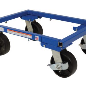 The Vestil Adjust Tote Dolly W/6 In Casters 16 X 22 has a blue steel frame with eye-catching stickers and four 6-inch swivel caster wheels with brakes, making it ideal for effortlessly moving heavy objects.