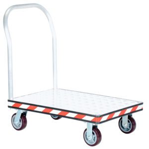The sturdy Vestil Alum Treadplate Platform Trk 24X36 features a handle, flat checkered surface, and four wheels for smooth movement. Its edges are adorned with bold diagonal red and white stripes.