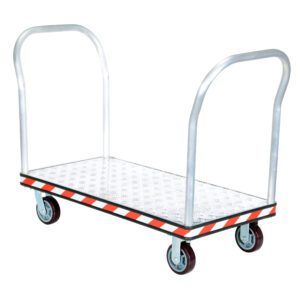 The Vestil Alum Treadplate Platform Trk 24X45 Dual Hdl features a diamond-patterned surface for grip, dual handles, and four wheels. Its edges have red and white stripes for enhanced safety.
