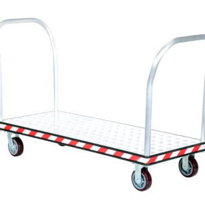 The Vestil Alum Treadplate Platform Trk 24X57 is a durable flatbed trolley with a metal frame, featuring dual handles for easy maneuverability. Its base has a diamond plate design and red-and-white striped tape, set on four wheels.