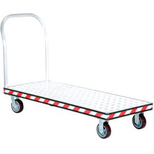 The Vestil Alum Treadplate Platform Trk 24X60 is a flatbed cart featuring a metallic checkered platform, four dark wheels, and a tall handle with red and white striped edges for easy heavy item transport.