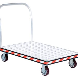 The Vestil Alum Treadplate Platform Trk 30X48 is a versatile trolley with a metal handle, four smooth wheels, and a diamond plate surface. Its unique black and red striped edge enhances both style and safety for transport tasks.