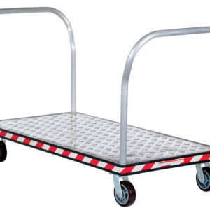 The Vestil Alum Treadplate Platform Trk 30X57 Dual Hdl has a silver treadplate surface, dual handles, and red-and-white striped edges, making it perfect for easy transport of heavy loads in industrial or commercial environments.