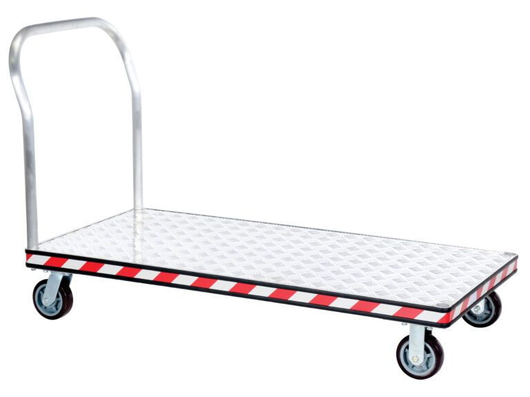 The Vestil Alum Treadplate Platform Trk 30X60 is a sturdy trolley with a diamond-patterned platform, bold black and red trim, four wheels, and a single upright handle for easy maneuvering across tasks.
