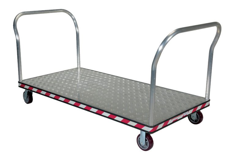 The Vestil Alum Treadplate Platform Trk 36X69 Dual Hdl is a flatbed trolley with a durable metal platform, four smooth-rolling wheels, U-shaped handles on both ends, and edges featuring a striking red and white striped pattern for enhanced visibility.