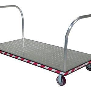 The Vestil Alum Treadplate Platform Trk 36X69 Dual Hdl is a flatbed trolley with a durable metal platform, four smooth-rolling wheels, U-shaped handles on both ends, and edges featuring a striking red and white striped pattern for enhanced visibility.