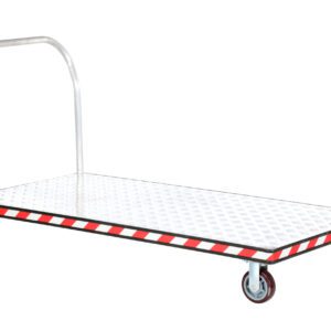 The Vestil Alum Treadplate Platform Trk 36X72 is a hand truck with a metal handle and four wheels, featuring a checkered metal platform with red and white striped edges, designed for efficient transport of heavy items.