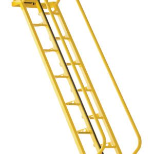 The Vestil Alternate Tread Stair 68 Degree 120 In is a durable yellow metal staircase with dual handrails and a top chain, ideal for industrial or commercial use with evenly spaced steps and robust construction.