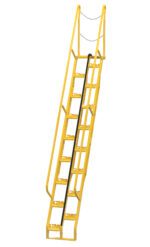 The Vestil Alternate Tread Stair features safety handrails, a black central support bar, non-slip perforated steps, and a top chain barrier. Crafted in metal for industrial strength and heavy-duty use, this 56-degree 131.75-inch yellow staircase ensures durability.