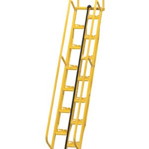 The Vestil Alternate Tread Stair features safety handrails, a black central support bar, non-slip perforated steps, and a top chain barrier. Crafted in metal for industrial strength and heavy-duty use, this 56-degree 131.75-inch yellow staircase ensures durability.