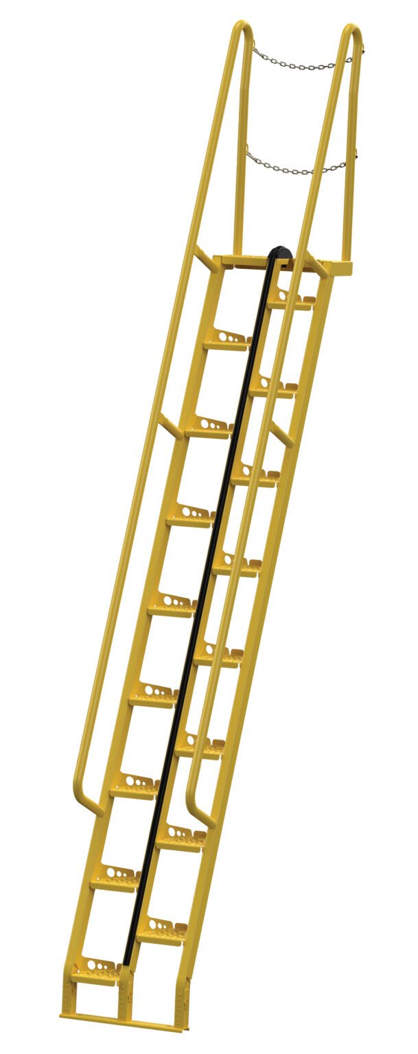 A yellow industrial metal staircase, like the Vestil Alternate Tread Stair 68 Degree 131.75 In, features handrails and black non-slip surfaces on each steep step with a safety chain securing the top for added protection.