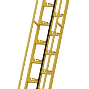 A yellow industrial metal staircase, like the Vestil Alternate Tread Stair 68 Degree 131.75 In, features handrails and black non-slip surfaces on each steep step with a safety chain securing the top for added protection.