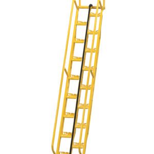 The Vestil Alternate Tread Stair, with a 56-degree angle and a height of 143.75 inches, is a yellow industrial metal staircase featuring handrails, safety chains, and perforated steps for steep mounting.