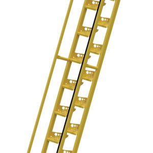 The Vestil Alternate Tread Stair 68 Degree 143.75 In is a sturdy yellow metal safety staircase with side railings, a top-entry chain, and perforated steps, making it ideal for secure access in elevated industrial spaces.