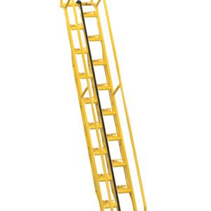 The Vestil Alternate Tread Stair 56 Degree 156.25 In is designed for industrial use with a yellow metal frame, handrails, and a safety chain. Its 56-degree incline allows angled ascent, and perforated steps at 156.25 inches high ensure a secure grip.