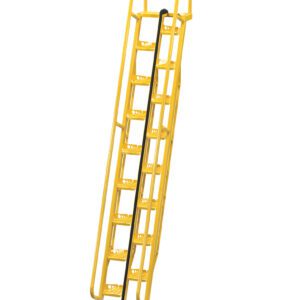The Vestil Alternate Tread Stair 68 Degree 156.12 In features a tall, yellow industrial design with handrails and a safety chain for secure access. Its metal steps are ideal for maintenance tasks at a height of 156.12 inches.