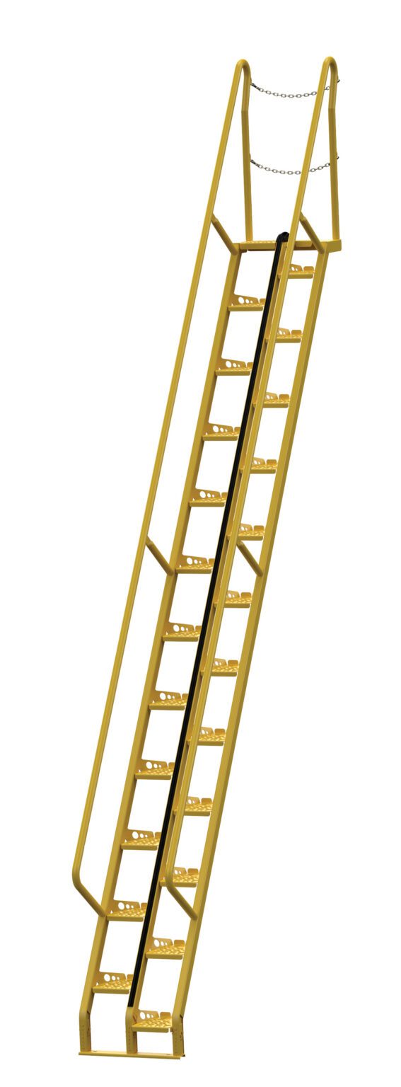 ATS-14-56_A.jpg A yellow metal staircase similar to the Vestil Alternate Tread Stair 56 Degree 168 In rises steeply, featuring perforated steps for grip and a chain linking the top railings, designed robustly for industrial purposes.