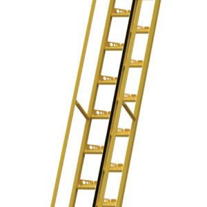 A yellow metal staircase similar to the Vestil Alternate Tread Stair 56 Degree 168 In rises steeply, featuring perforated steps for grip and a chain linking the top railings, designed robustly for industrial purposes.