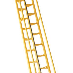 The Vestil Alternate Tread Stair 68 Degree 168 In is a yellow metal ladder featuring safety handrails, a slip-resistant surface, and a security chain across the top. Ideal for industrial/commercial use with its steep angle, it stands against a plain white background.