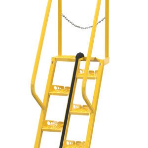The Vestil Alternate Tread Stair 56 Degree 48.12 In is a sturdy yellow metal ladder with four steps featuring grip-enhancing holes, side railings, and a safety chain at the top for secure use on its 56-degree incline.