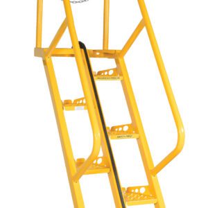 The Vestil Alternate Tread Stair 56 Degree 60 In is yellow metal, has side railings, perforated steps, a 56-degree incline, and measures 60 inches. Its ideal for industrial use with a safety chain at the top and reinforced central support beam.
