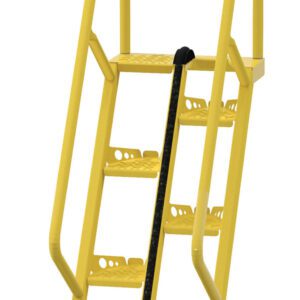 The Vestil Alternate Tread Stair 68 Degree 60 In provides a yellow industrial safety ladder with handrails, perforated slip-resistant steps, and a chain across the top for secure access to elevated areas.