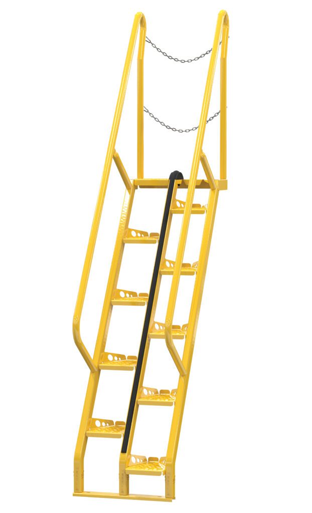 The Vestil Alternate Tread Stair 56 Degree 71.87 In is a yellow metal safety ladder with chain for extra safety, side rails, and a black rubber grip on the bottom step.