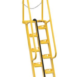 The Vestil Alternate Tread Stair 68 Degree 71.87 In is a yellow metal ladder featuring safety handrails, a top chain, and perforated steps for traction, designed for industrial or construction use with a 68-degree incline.