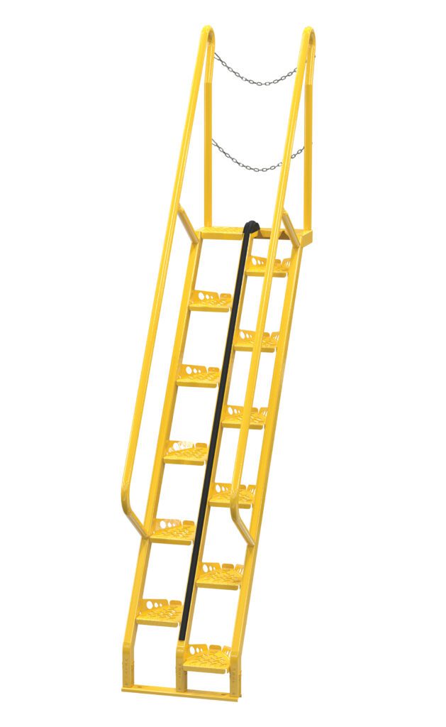 The Vestil Alternate Tread Stair 56 Degree 84 In is a sturdy yellow safety ladder with handrails and perforated steps, a 56-degree incline, and a top safety chain for secure climbing.