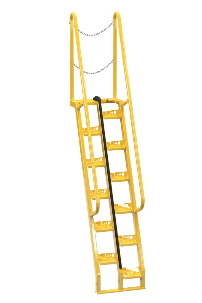 The Vestil Alternate Tread Stair 68 Degree 84 In is a yellow metal industrial ladder with angled steps and side rails for safety. It stands 84 inches tall, offering a top chain for added security and a handle for stability in use.