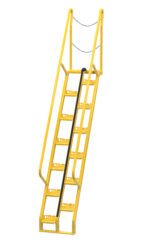 The Vestil Alternate Tread Stair, in yellow, features a 56-degree incline with handrails on both sides. It has a 95.87-inch stairway with perforated steps for grip, a safety chain at the top, and is angled for easy climbing.